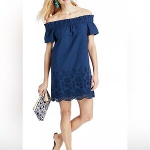 Vineyard Vines Off The Shoulder Dress Navy Blue Eyelet with Cotton EUC